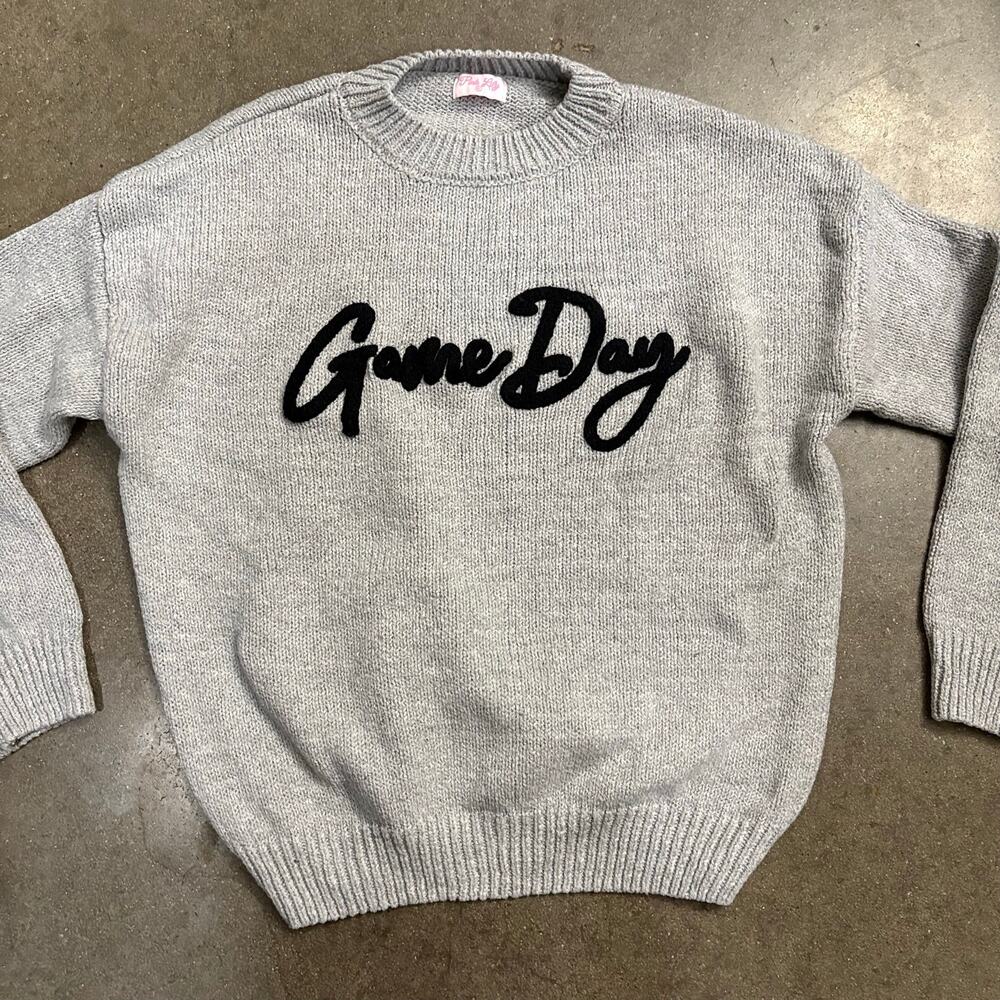 Pink Lily Game Day Sweater XL Gray Black Script Knit Collegiate Football Preppy